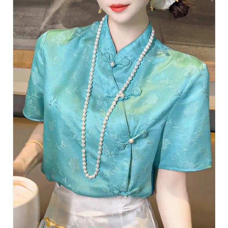 

Fashion Short-sleeved Mandarin Collar Blouse for Women with Ethnic Style Jacquard Shirt for Summer