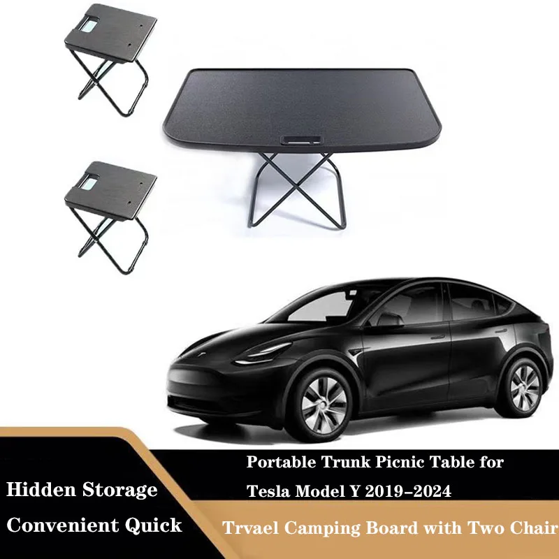 Futhope Portable Trunk Picnic Table for Tesla Model Y 2018-2024 Desk Trvael Folding Work Rest Camping Board with Two Chair