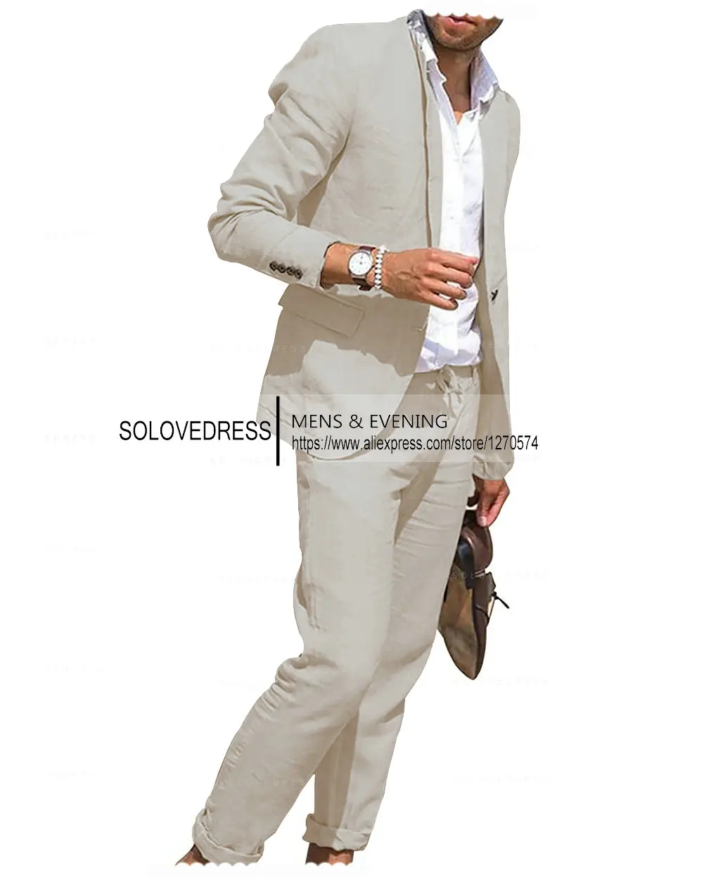 2024 Linen Suit for Men 2-Piece Casual Slim Fit Suits Summer Beach Vintage Wedding Groom Blazer Pants Set