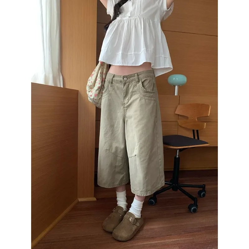 Vintage American Loose Wide Leg Denim Capris Women Comfortable High Quality Khaki Eight Length Jeans 2026 New Trendy Daily Wear view 2
