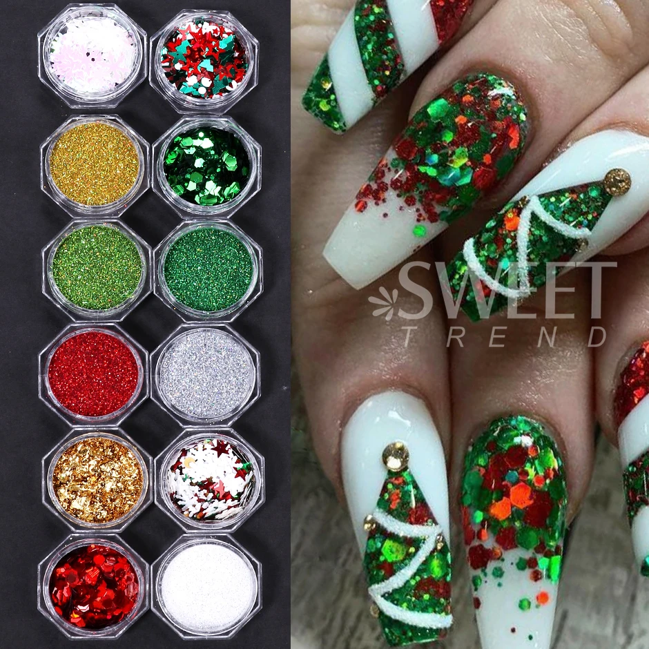 12 Uds. De lentejuelas navideñas para uñas, copos de nieve brillantes mezclados, polvo láser DIY Flash, herramientas de decoración de manicura de Año Nuevo para invierno