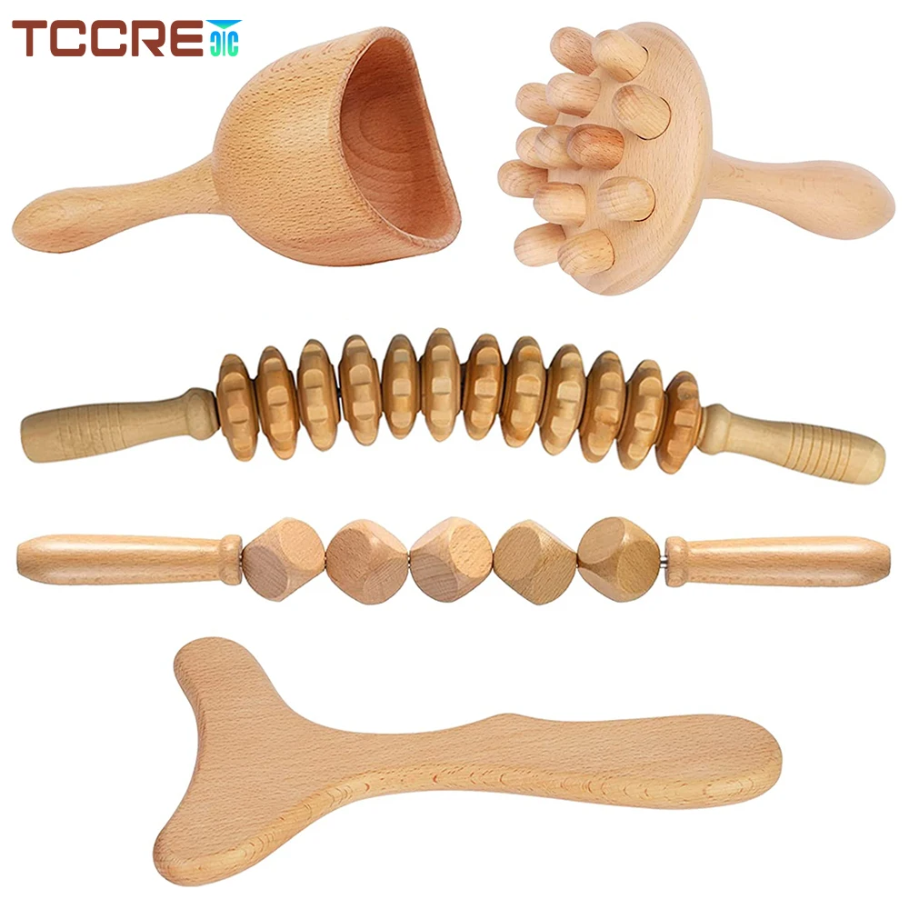 5Pcs Wooden Cubed Roller Stick Wood Massage Cup Wood Massage Board Body Shaping Anti Cellulite Lymphatic Drainage Massager