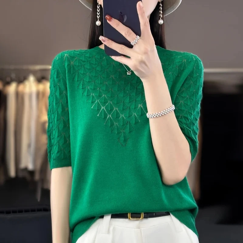 Summer Hollow Ice Silk knitted Short Sleeved T-Shirt Women\'s Thin Loose Round Neck Pullovers Knitted Sweater Female Jumper Top