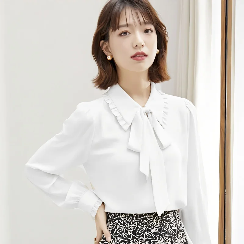 قمصان نسائية طويلة الأكمام منقوشة كبيرة الحجم بأزرار سفلية وياقة بقصة ضيقة صينية عصرية أنيقة للمكتب والربيع