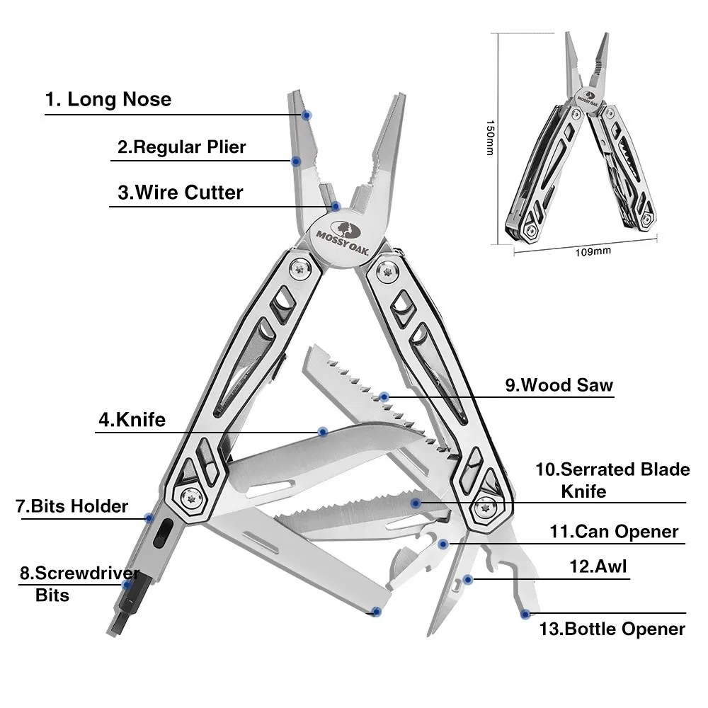 MOSSY OAK Multi Tool Plier Wire Stripper Folding Plier Outdoor Camping Multitool Portable Folding  Pocket Pliers