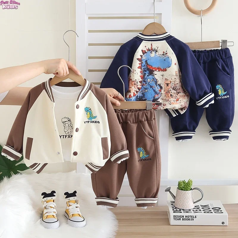 

Baby Boys 3Pcs Set Cotton Dinosaur Print Baseball Jacket andLong Sleeve Top and Pants 1-5Y Kids Girls Sporty Baby Clothes Boys