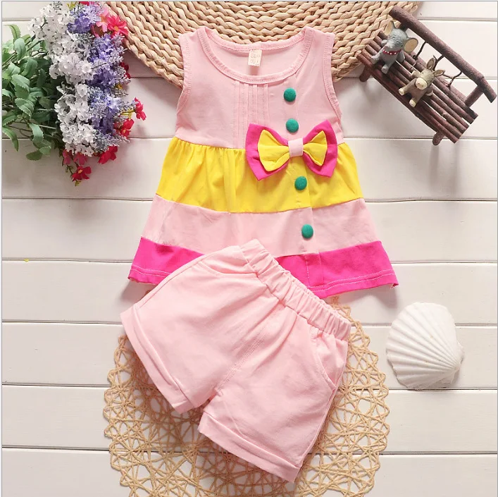 Sommerliches Baby-Mädchen-Set: Farbblock-Kleid ohne Ärmel mit Shorts, Niedlicher Großer Schleifenknoten, 2-teiliges Lässiges Outfit für Strand und Freizeit – Detail 2