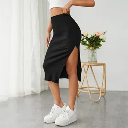 Women's High Slit Bodycon Midi Skirt, Slim Fit Skirt, Black Split Ribbed Knit Pencil Skirts, Sexy Fashion, Spring and Summer