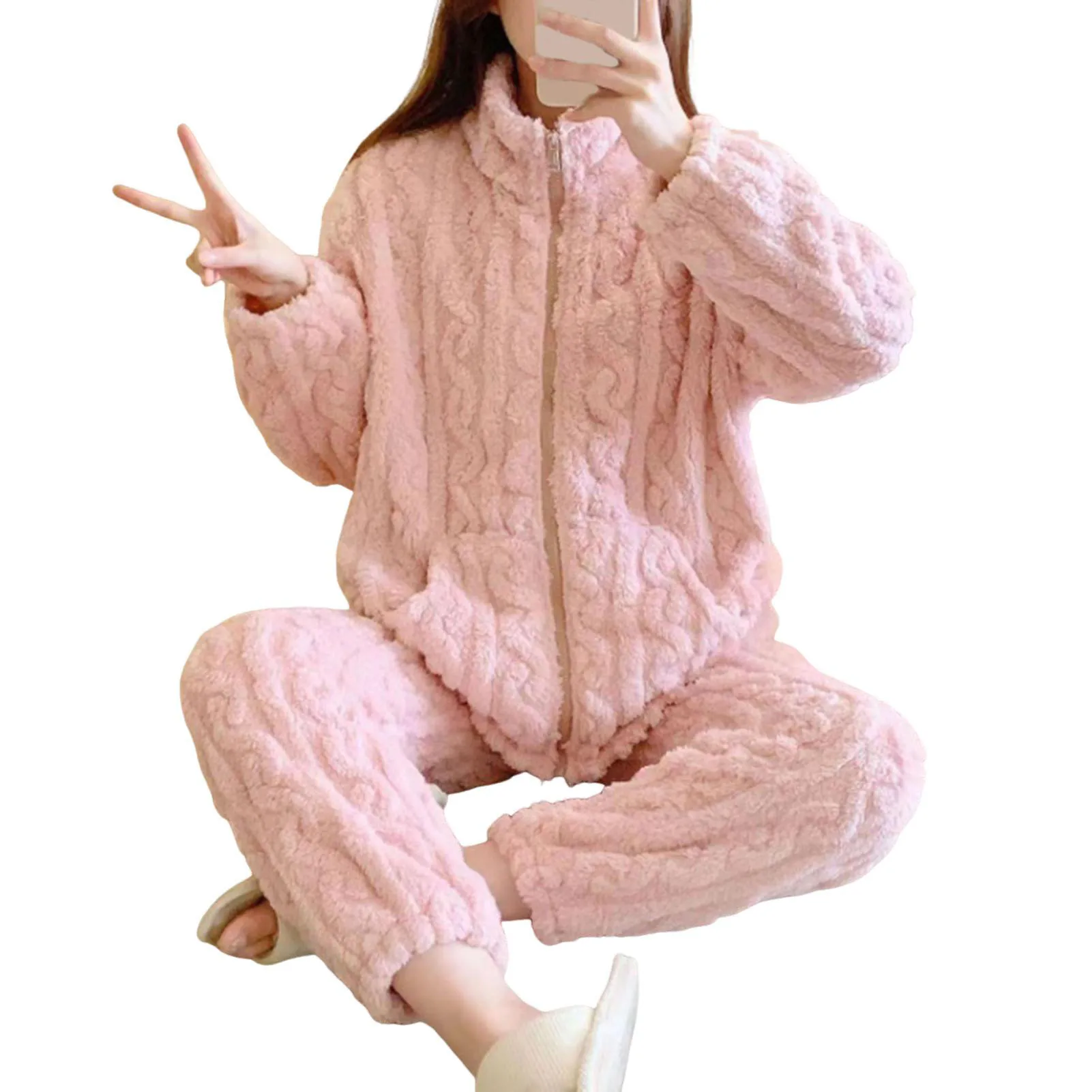

Women Casual Warm Suit Women Fleece Sets Winter Tracksuits Home zip up Pajama Set Loose Top And Warm Pants 2024