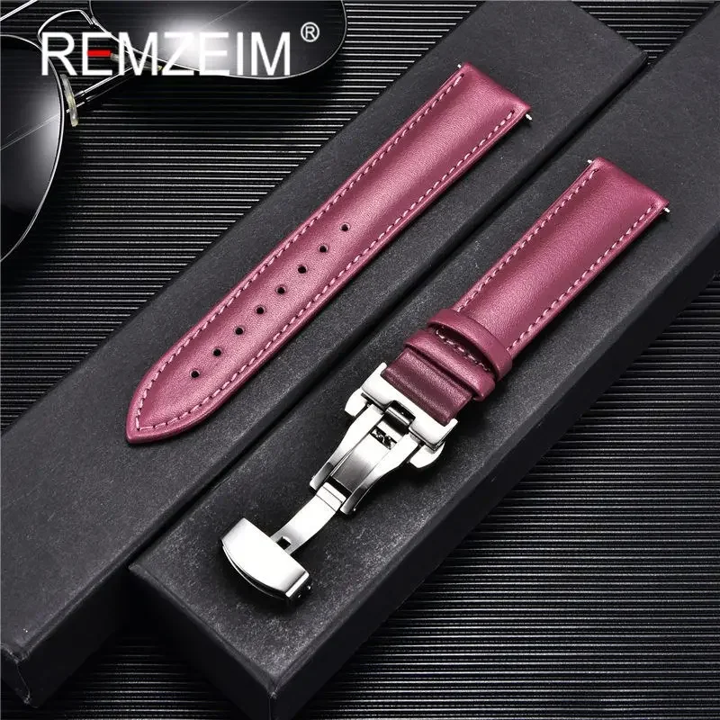 REMZEIM Soft Genuine Leather Watchband with Automatic Buckle Bracelet Women Watches 18mm 20mm 22mm 24mm Watch Straps Purple