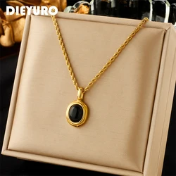 DIEYURO 316L Stainless Steel Oval Black White Stone Pendant Necklace For Women Girl New Trend Clavicle Chain Jewelry Gift Party