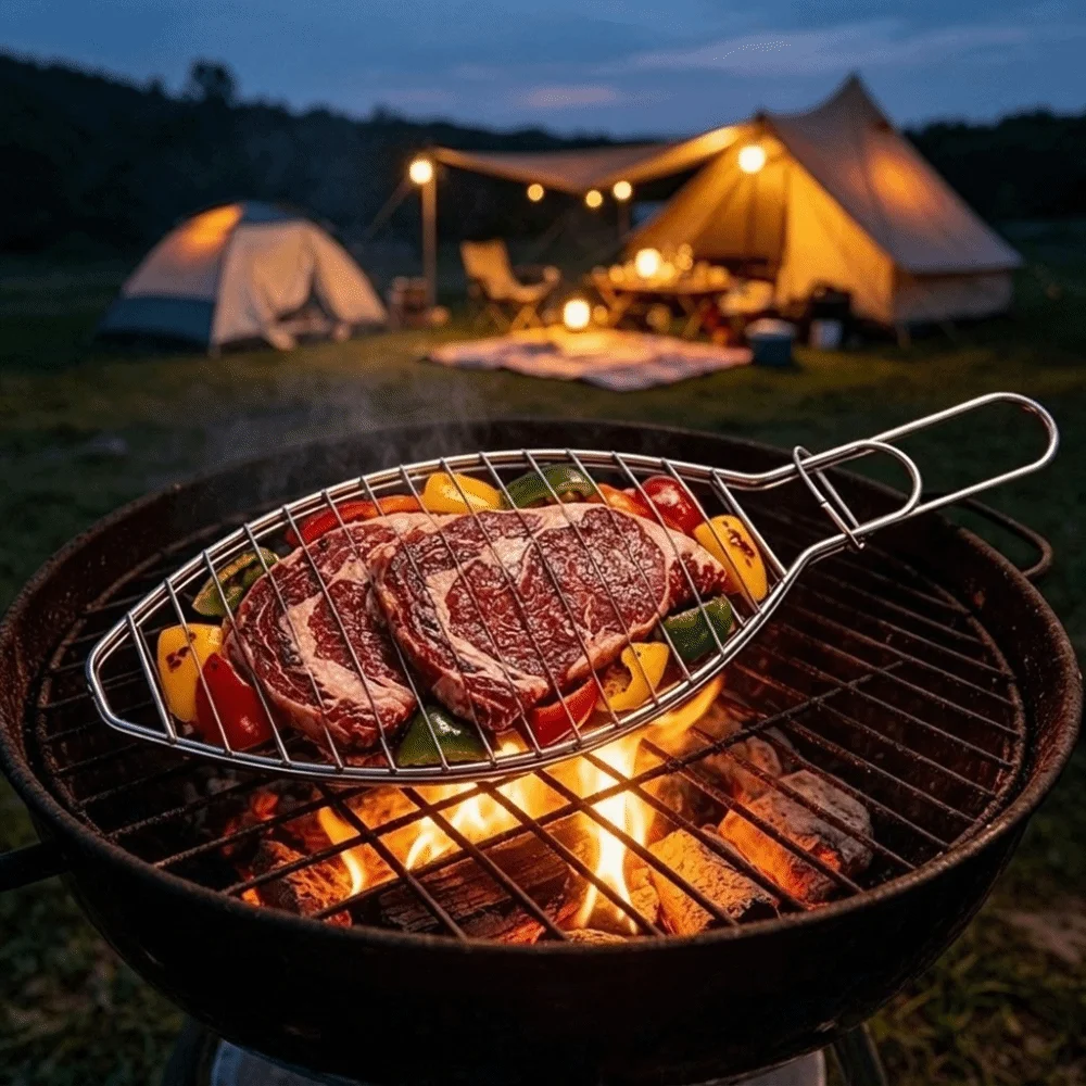 Fish-Shaped Iron Fish Grill Rack Wire Grid 42cm BBQ Grill Clip Easy Clean Sliding Lock Fish Grill Basket Open Flame Cooking