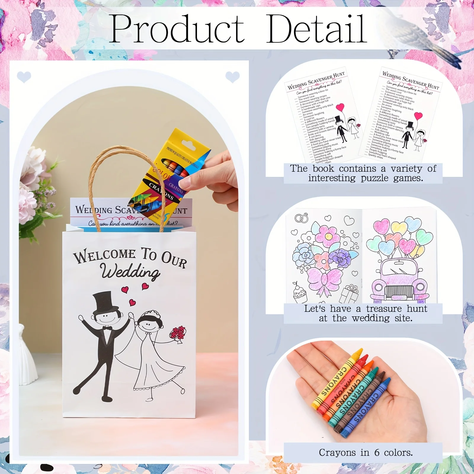 Wedding Activity Set – 96-Piece Guest Entertainment Kit: 24 Coloring Books, 24 Favor Bags, 24 Crayons & 24 Scavenger Hunt Sheets view 5