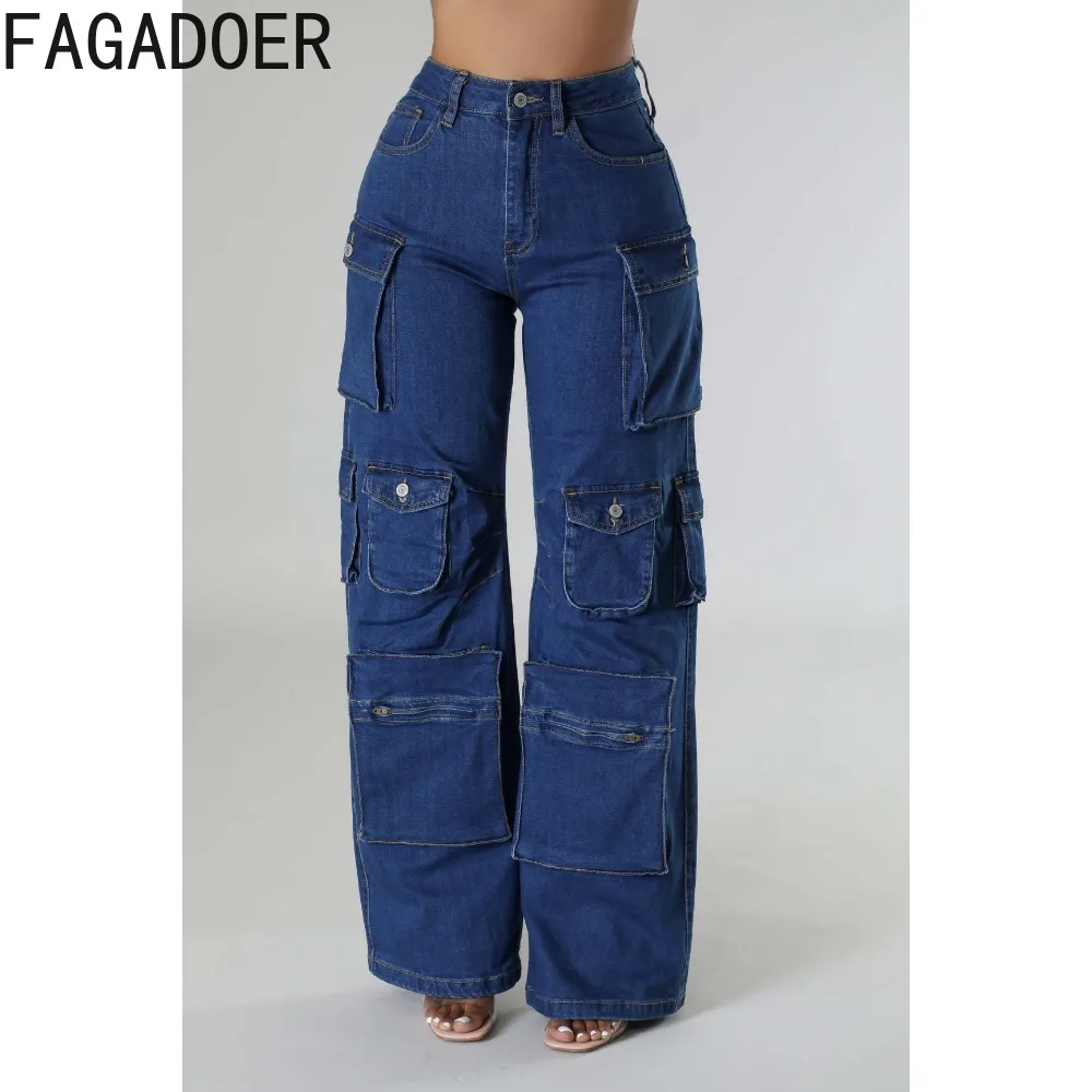 FAGADOER Vintage Blue Fashion Pocket Denim Cargo Pants Women High Waisted Button Straight Trousers Autumn Casual Jean Bottoms