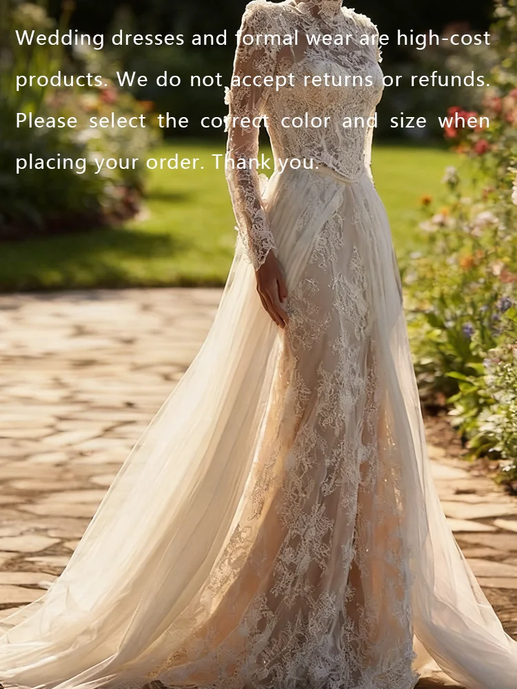 Exquisite High Collar Lace Full Sleeve Pleat Slim Bride Wedding Dresses Bridal Gowns Customzied
