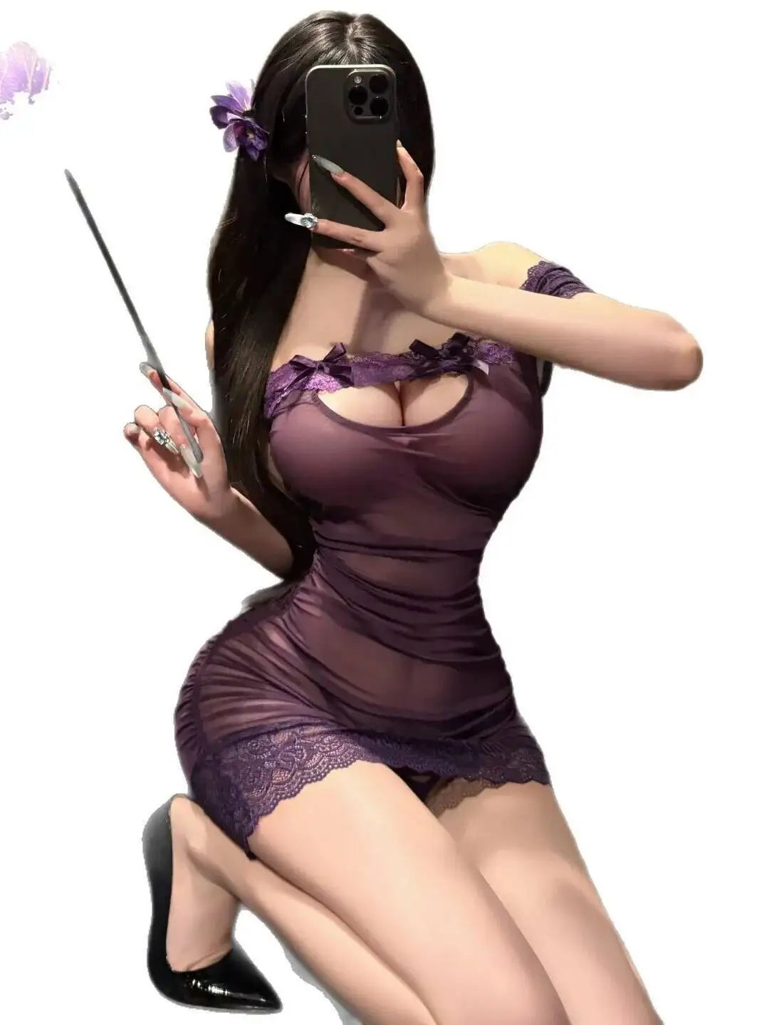 Abito sexy giocoso trasparente senza schienale con spalle scoperte Abito affascinante con bordi in pizzo e giunture in rete Abito con fiocco sull'anca Elegante PKK8