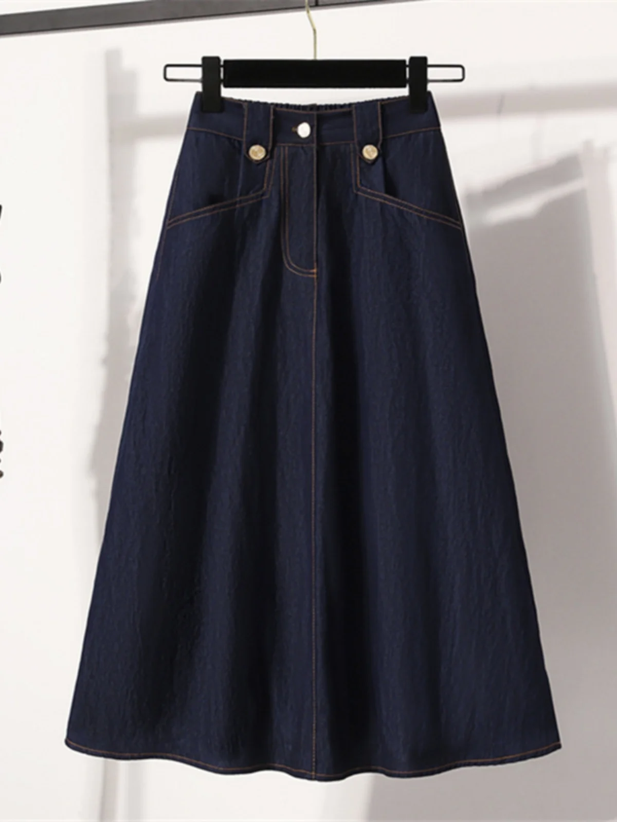 Chic Retro Denim Midi Skirt Slimming Base Layer Spring Summer Casual High Waist Cotton PU Elastic Fiber Large Size Half Skirt