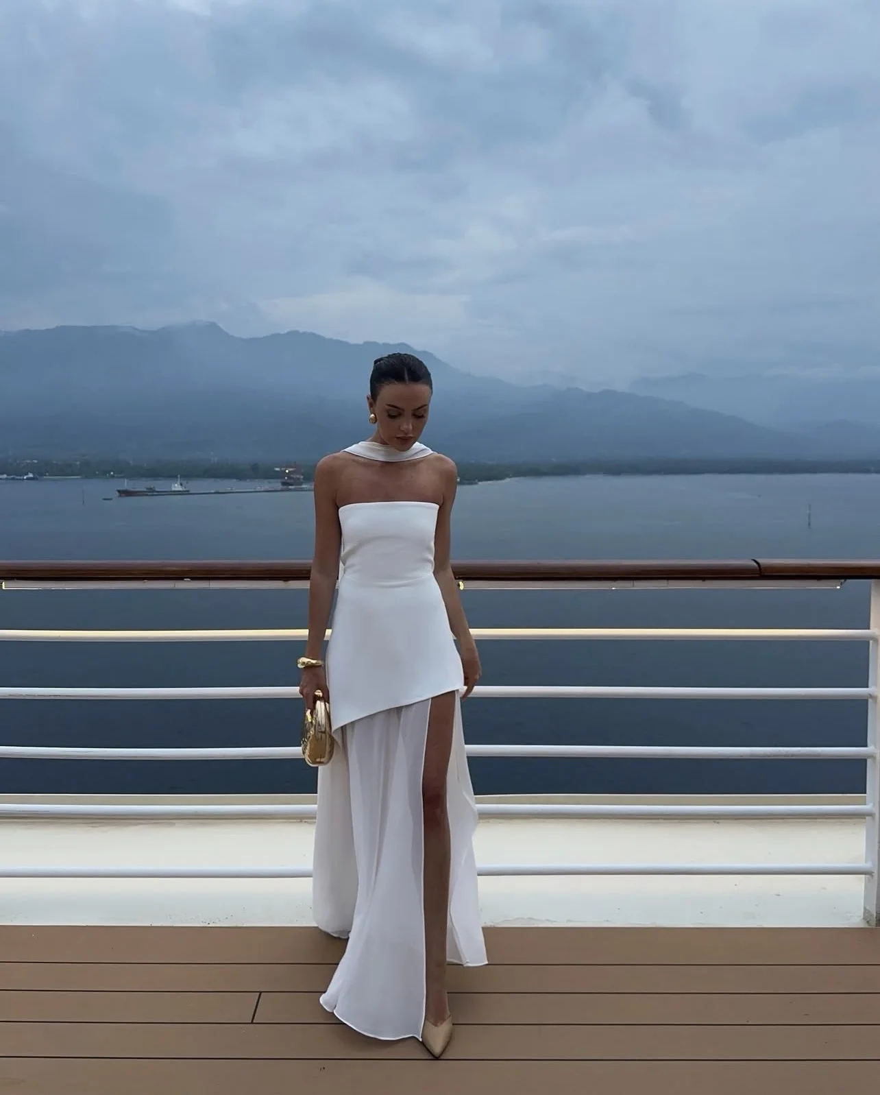 

Elegant Women's Strapless Ribbon Slit Corset Maxi Dress Summer Evening Wedding Guest White Long Dress