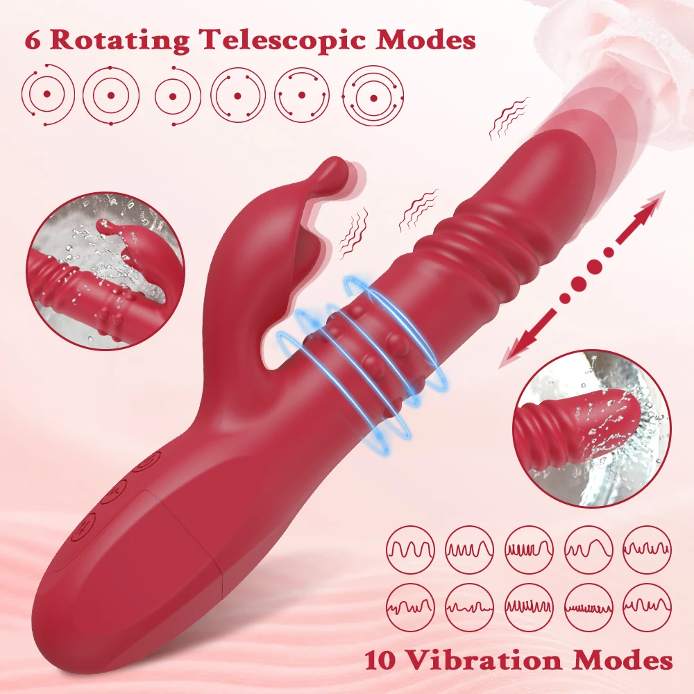 Thrusting Dildo 4 In1 Rabbit Vibrator For Women Powerful G Spot Rotating Clitoral Nipple Stimulator Adults Sex Toys Masturbator