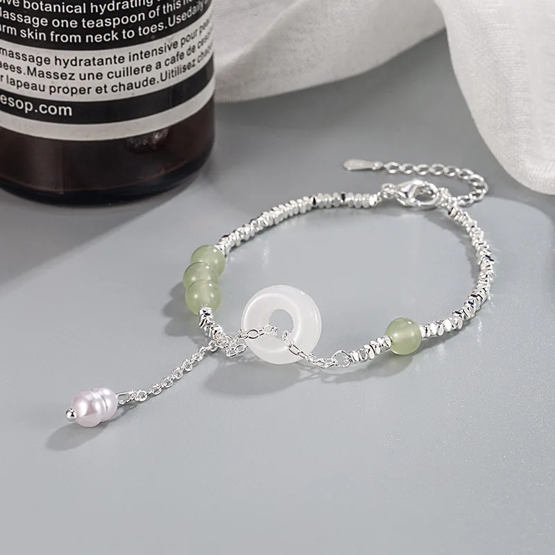 سوار فضة إسترليني للنساء ، يشم ، أخضر ، أبيض ، دائرة ، حبة غير منتظمة ، لؤلؤ ، موضة فتاة ، مجوهرات هدية ، دروبشيب ، بيع بالجملة #2