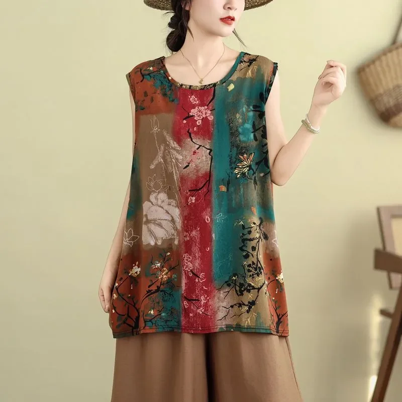 Nuova maglietta da donna ampia e sottile a trapezio Top stampato in stile cinese Canotta versatile ed elegante