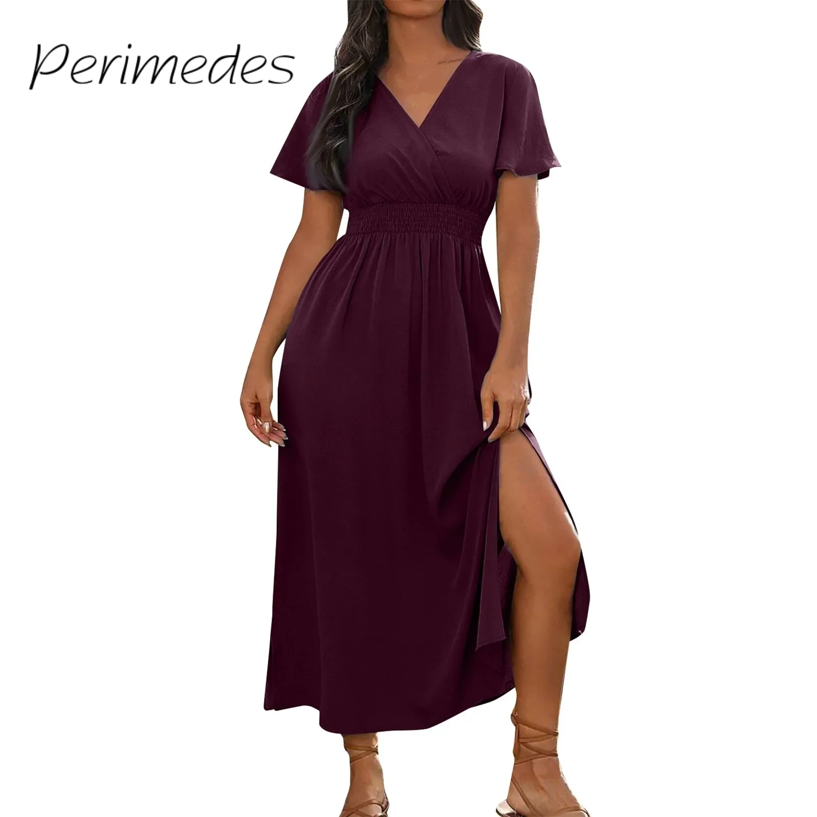 

Women'S Maxi Dress Summer Sexy Comfortable Wrap Waist V Neck Side Slit Casual Dress A-Line Short Sleeve Solid Color Dress