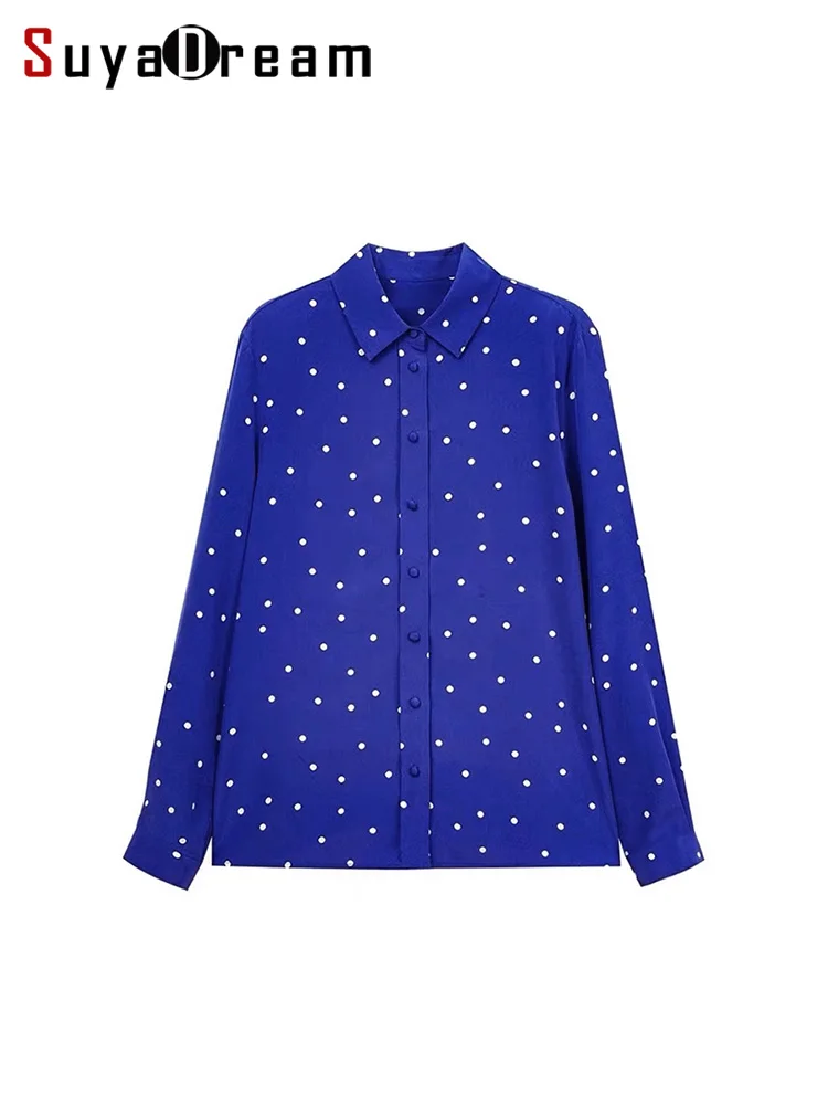 

SuyaDream, Women's Dots Shirts, 100%Pure Silk, Turn Down Collar, Printed Blue Blouses, 2023 Spring Summer Chic Top