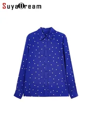 SuyaDream, Women's Dots Shirts, 100%Pure Silk, Turn Down Collar, Printed Blue Blouses, 2023 Spring Summer Chic Top