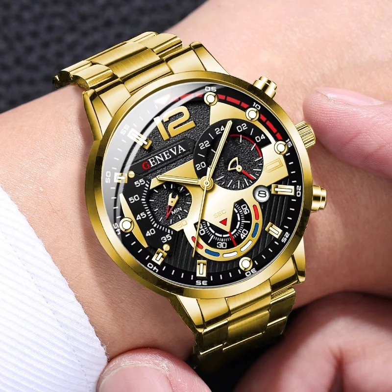 4pcs/set Men Business Watches Fashion Gold Steel Band Analog Male\'s Quartz Watch Jewelry Set（Without Box）