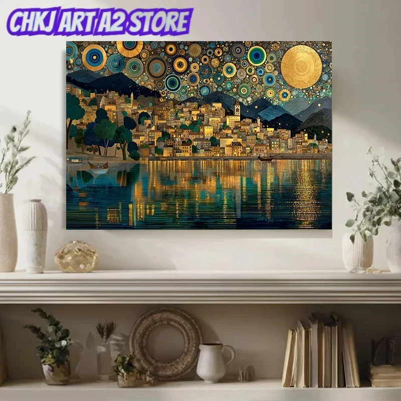 Gustav Klimt Night Cityscape City Reflection Luxury Poster and Prints Canvas Painting Wall Art Pictures Home Decor Cuadros