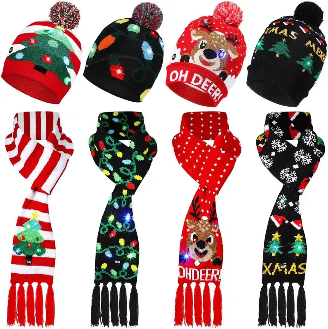 Cute New Jacquard LED Color Flashing Light-Emitting Christmas Knitted Hat Scarf Gloves Set Christmas Gift For Xmas Party Decor