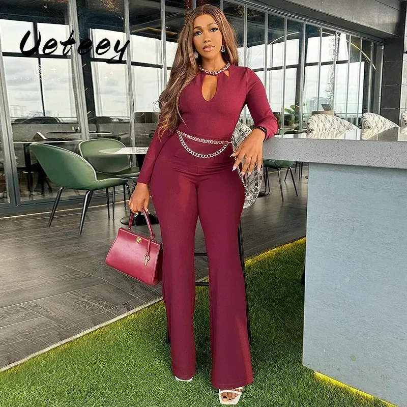 Ueteey Claret Jumpsuit Women Elegance Hollow Out Long Sleeve Overalls Slim Fit Wide Leg Pants Woman One Piece Jumpsuits 2024