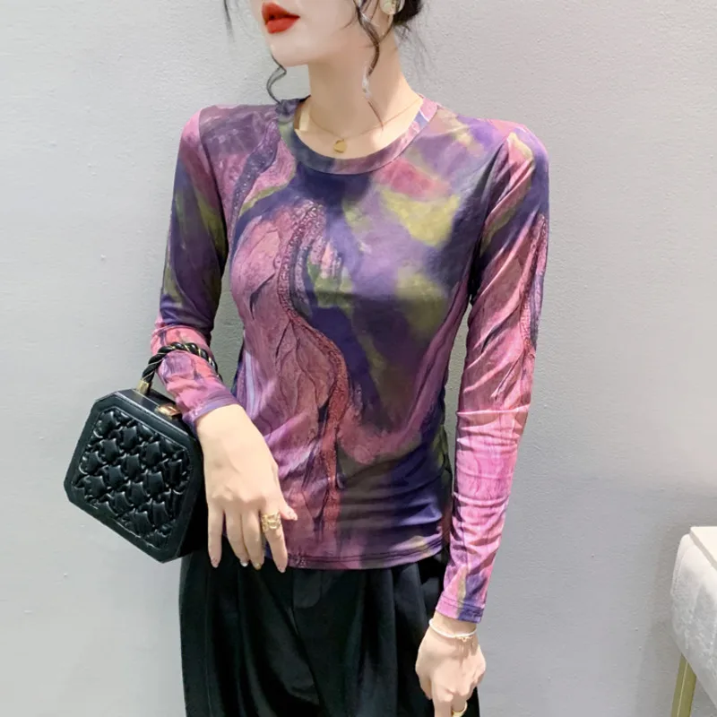 #8781 Vintage Long Sleeve T Shirt Women Round Neck Tie Dye Mesh Basic T-shirt Female Skinny Thin Women's T-shirt Streetwear Tee