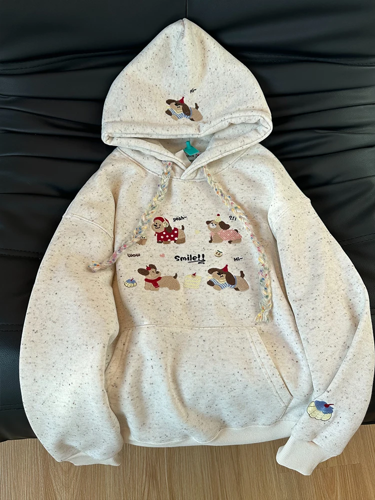 Niedlicher bestickter Hund Hoodie Damen Herbst Winter Thiened Fce Lose Oberbekleidung Lazy Sle Age Reduction Casual Jaet