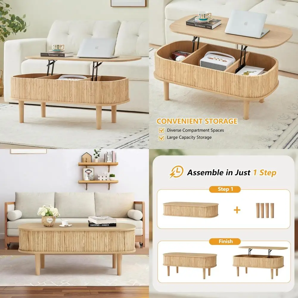 

Modern Oval Lift Top Coffee Table with Hidden Storage, Fully Assembled Wooden Center Table for Home Living Rooms