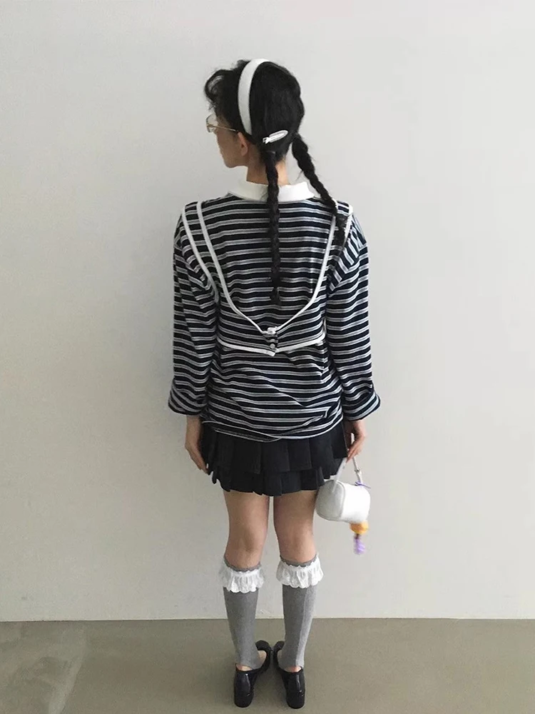 세련된 가을 빈티지 프레피 스트라이프 롱 Sve T-irt 여성 + 레이어드 버튼 업 오르트 조끼 Faionable Ensemble