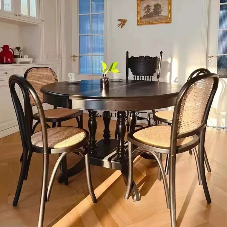 

04*French retro black round dining table American solid wood telescopic