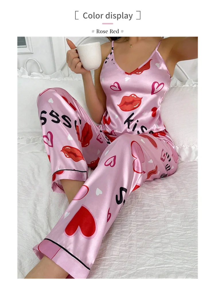 Damen-Pyjama-Sets aus Satin mit Blumenmuster, Spaghettiträger-Oberteilen und langen Hosen, Nachtwäsche, 2-teilig, ärmellos, Heimkleidung, Loungewear – Detail 4