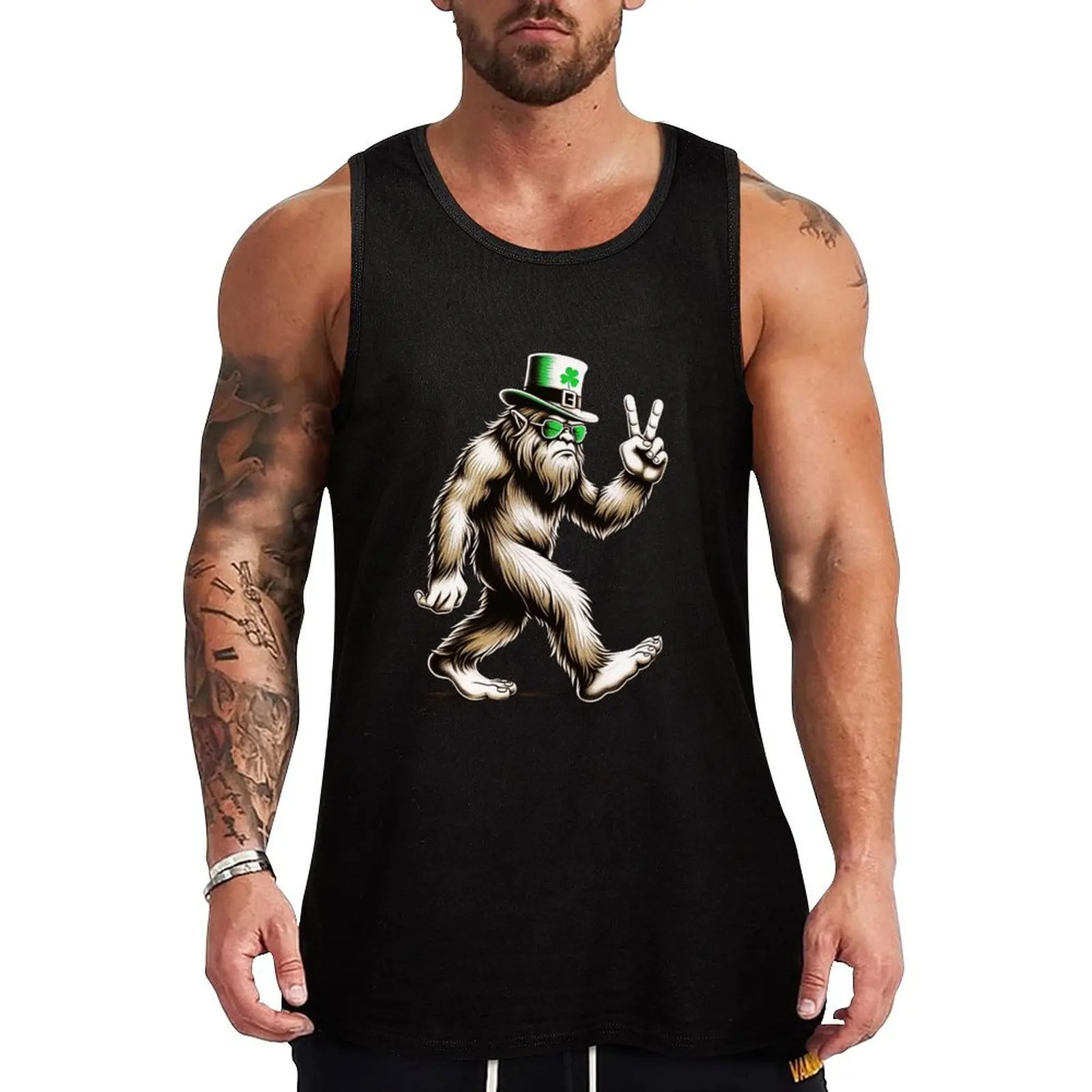

Funny St. Patrick’s Day Irish Sasquatch Bigfoot humorously flashes peace signs Tank Top summer Men's tops gym men