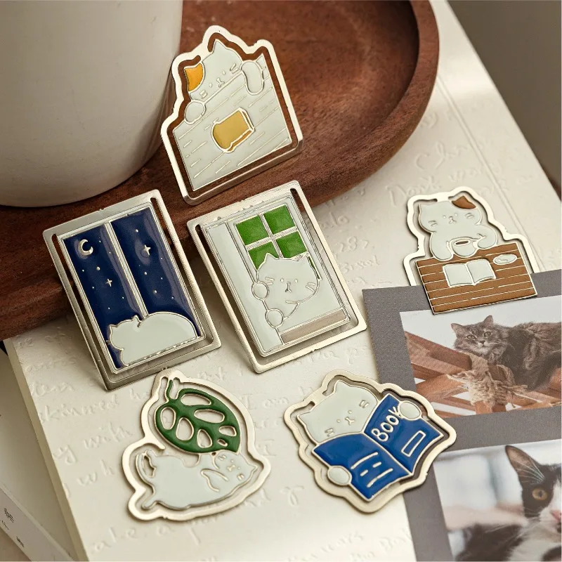 1 pièce marque-page en métal chat vie mignon dessin animé Page Clip pour la lecture étudiant cadeau livre accessoire, conception animale livre amant présent