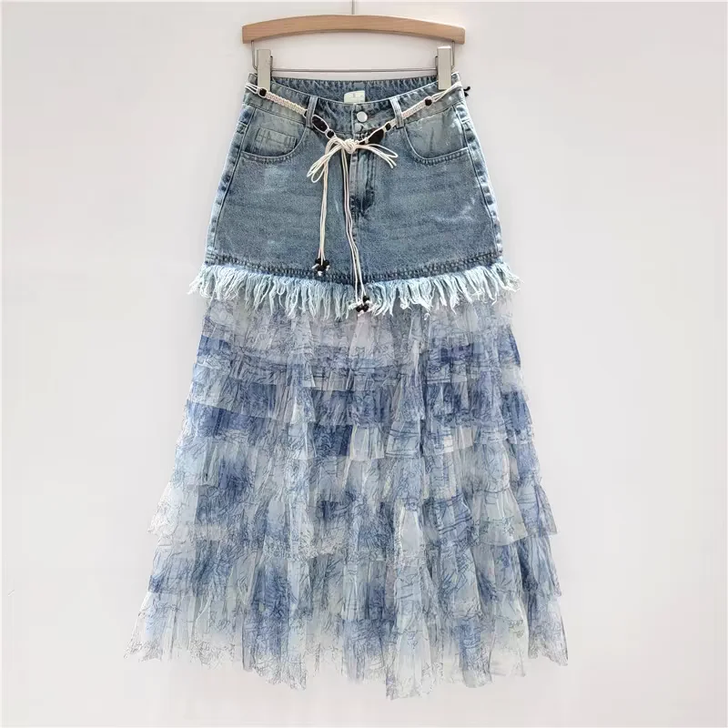 

Blue Tie-dye Denim Patchwork Half Skirt, New Summer Style for Women Fashionable and Trendy Cake Skirt