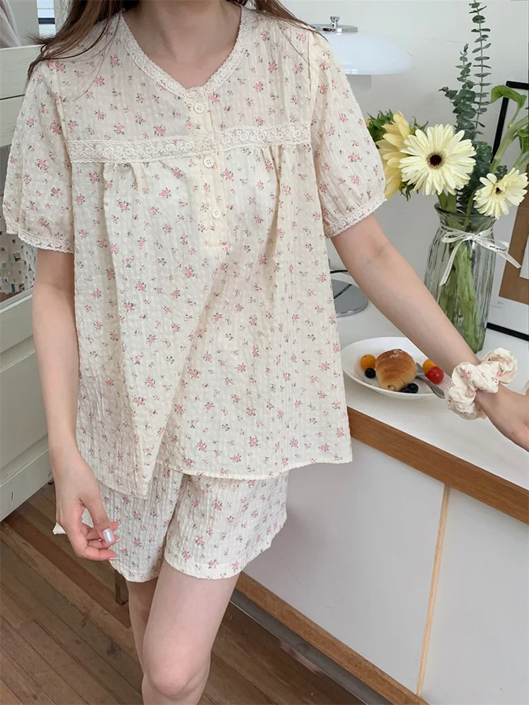 Soft Summer Floral Print Flowers 100%Cotton Sweet Short Sleeved Pajama Set Women Princess V-Neck Home Casual Sleep Tops Ins