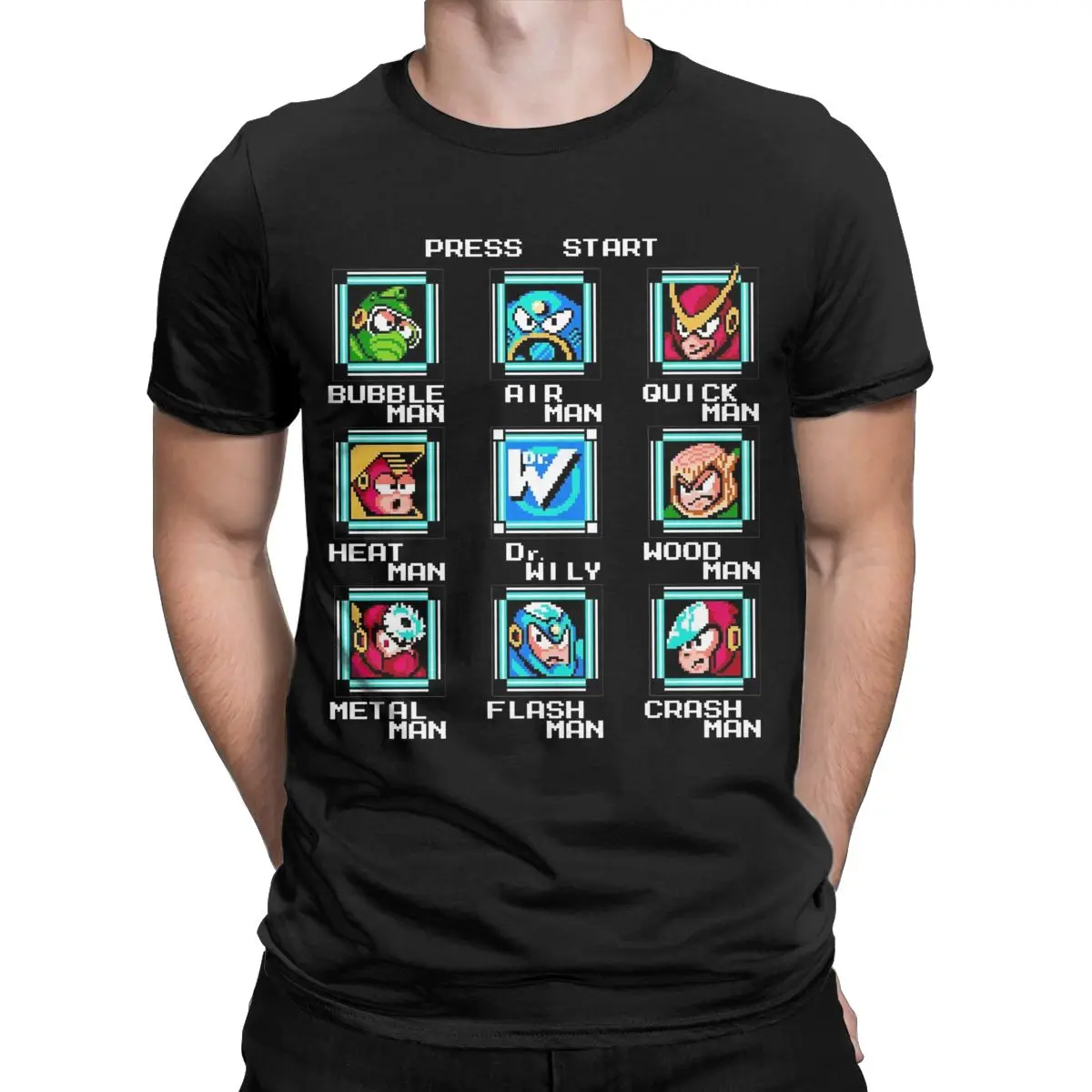 Megaman Player Stage Select T Shirts for Men 100% Cotton Awesome T-Shirt Round Neck Video Game Tees Short Sleeve Tops Plus Size