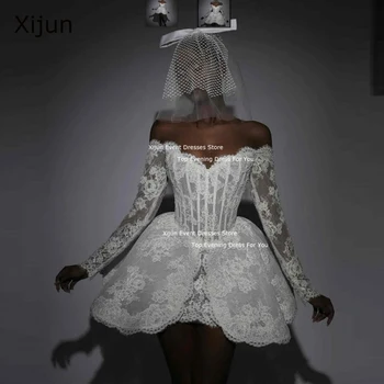 Xijun Seksi Kapalı Omuz Beyaz Mini Kısa Gelinlik Uzun Kollu Kokteyl Elbise Örgün Gelin Törenlerinde Düğün parti Elbise