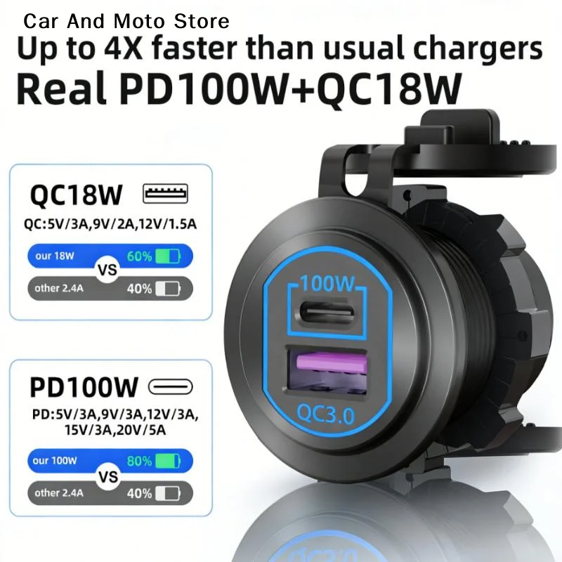 118W Aluminum 12V USB C Laptop Outlet PD 100W Port & QC3.0 18W Car Charger Socket Fast Charging For RV MarineTruck Boat Golf