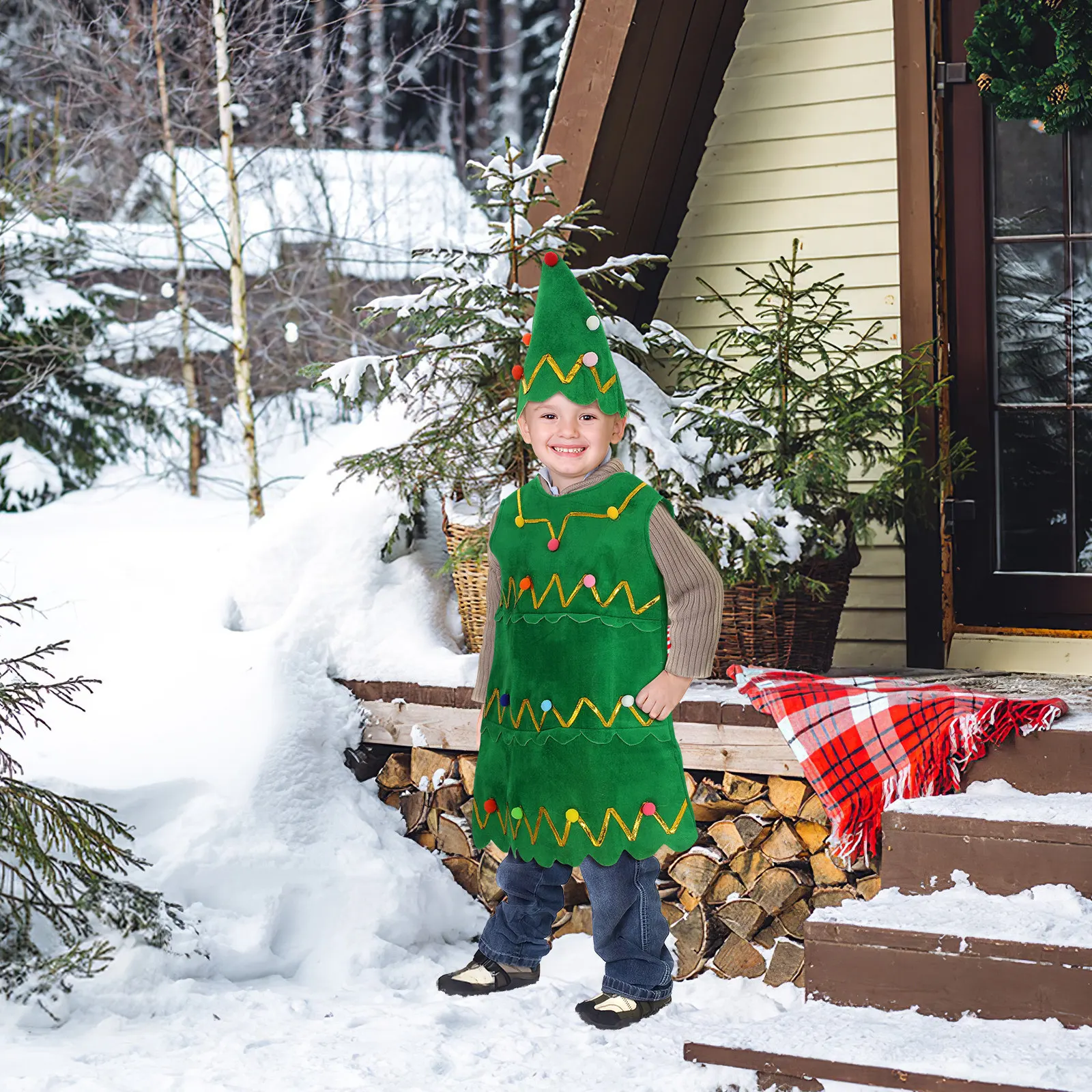 Christmas Tree Hat and Dress Set for Women Girls Holiday Party Costume Comfortable Stretchy Fabric Festive Wear