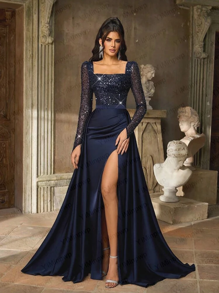 فساتين سهرة فاخرة بياقة مربعة وأكمام طويلة بفتحة هيو أزرق كحلي للحفلات الراقصة فستان حفلات الزفاف مخصص رداء السهرة