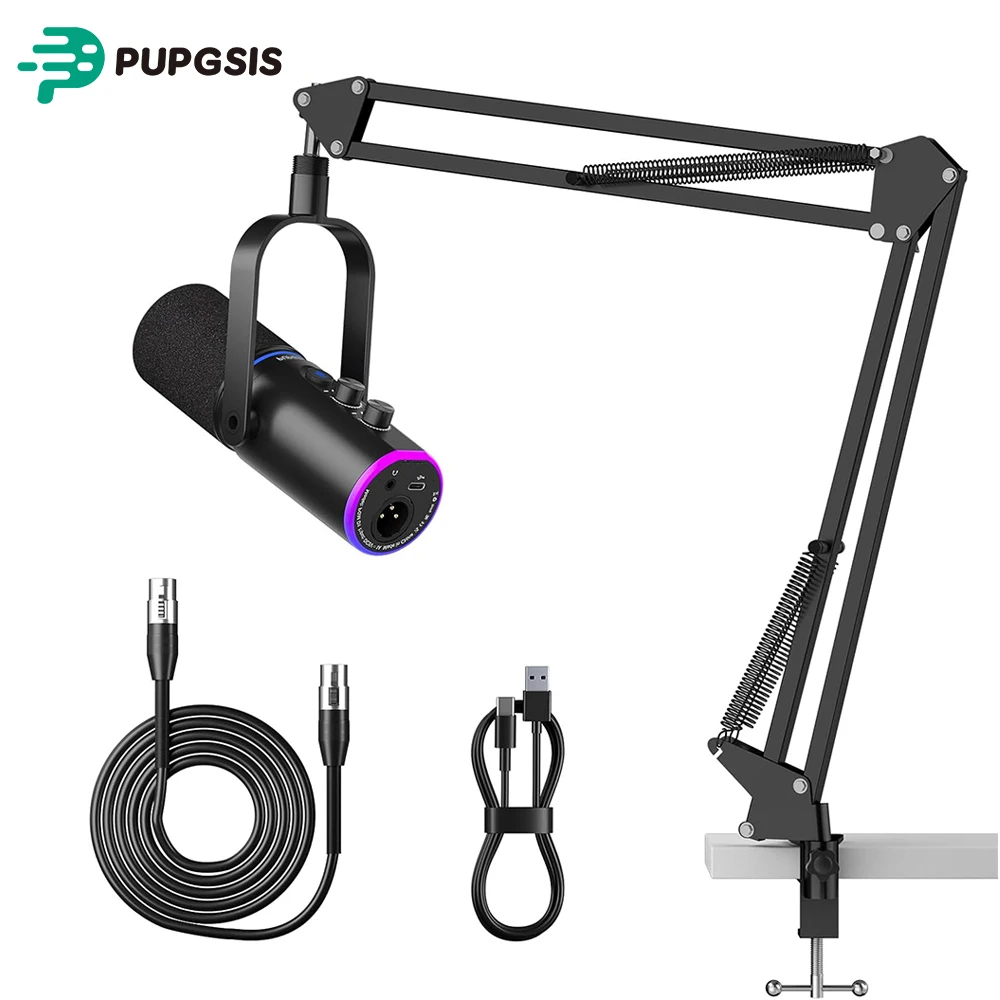 

Микрофон PUPGSIS XLR/USB для подкастов и игр с кнопкой отключения звука, эффектами реверберации, шумоподавлением и настольной стойкой-пантографом