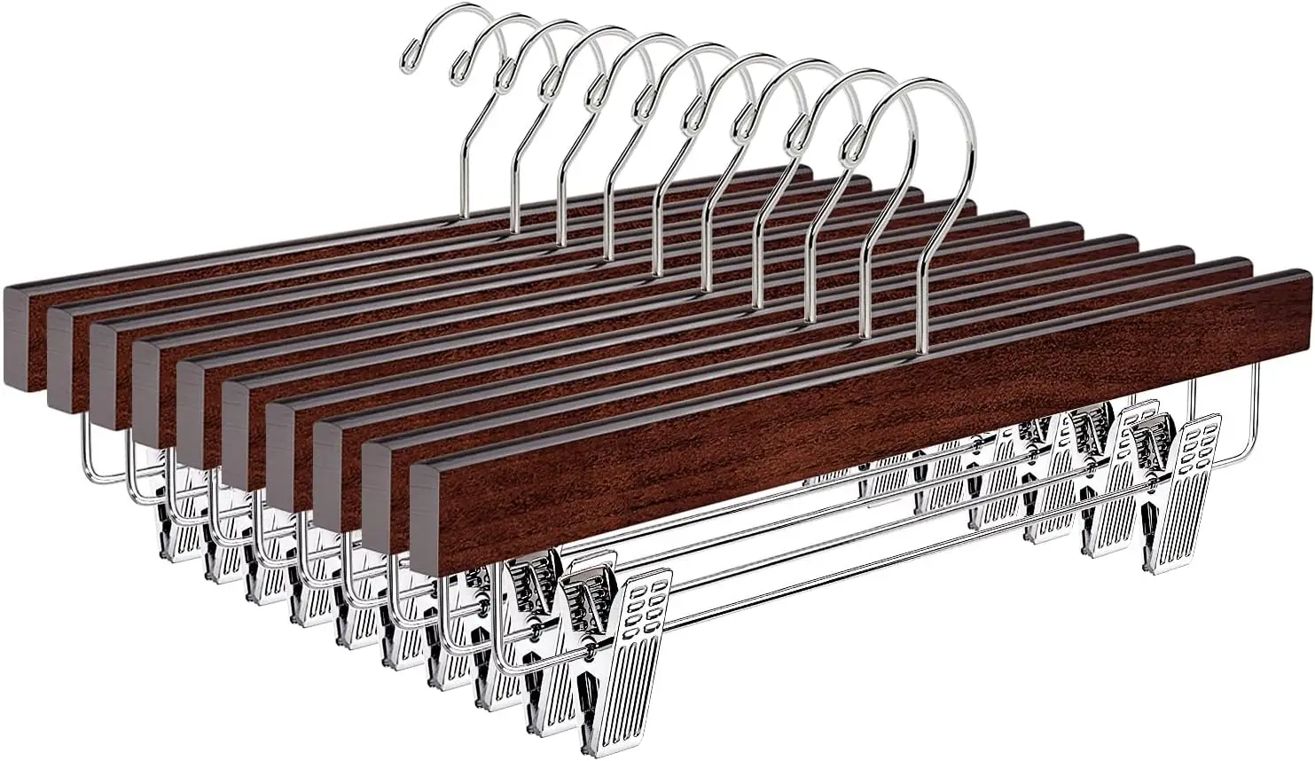

10 Pack Walnut Wooden Pants Hangers with Clips, 14" Adjustable Skirt & Trousers Hangers for Jeans, Slacks, Shorts, and More