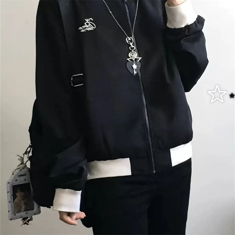 Fashion cow Pattern Lapel Stitching Black Coat Women's Spring and Autumn Leisure Sports Tooling Jacket Baseball Uniform Tide New